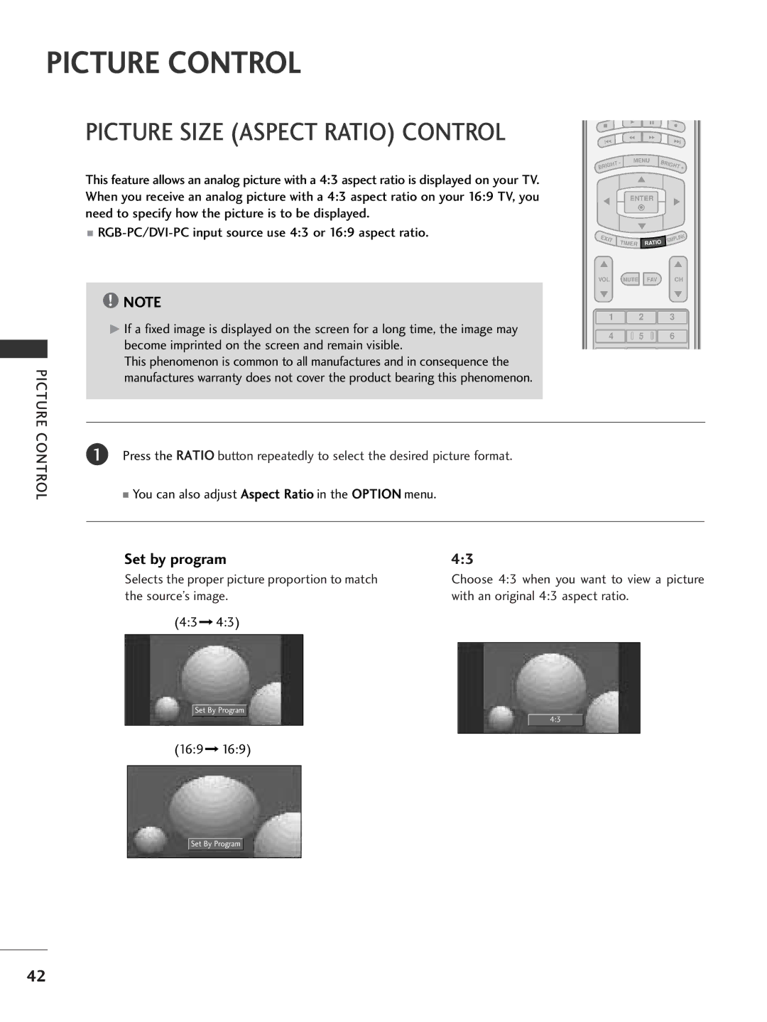 LG Electronics 32LC7D, 42PC5D Picture Control, Set by program, Become imprinted on the screen and remain visible, 169 