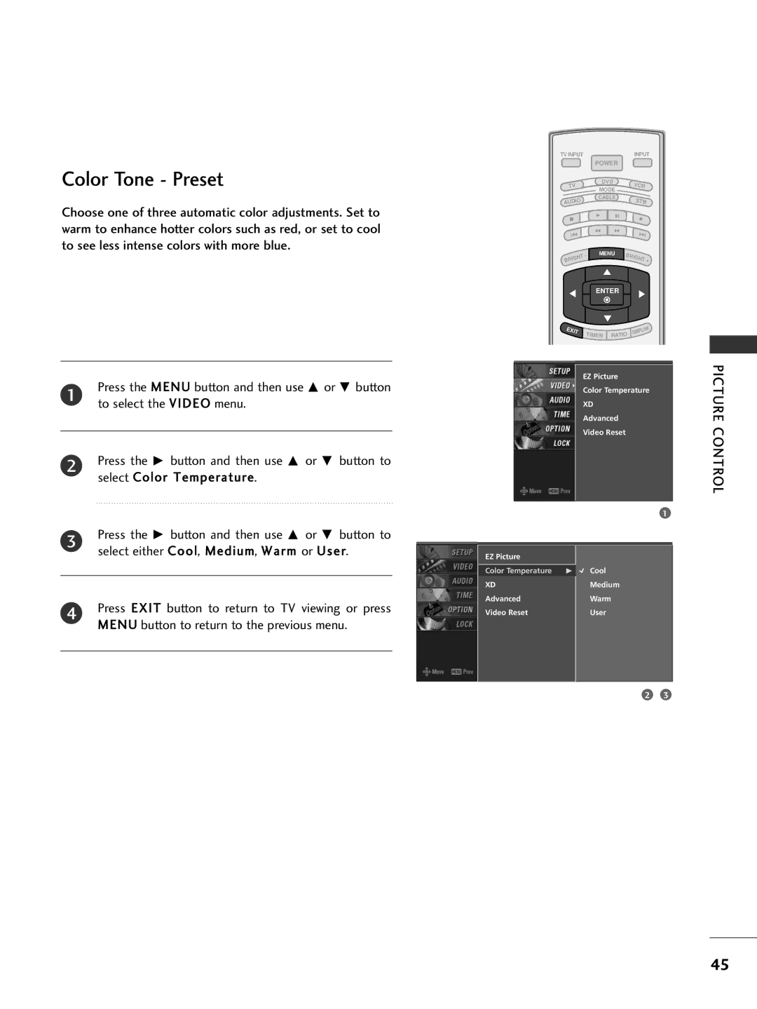 LG Electronics 42PC5D, 32LC7D owner manual Color Tone Preset, Picture Control 