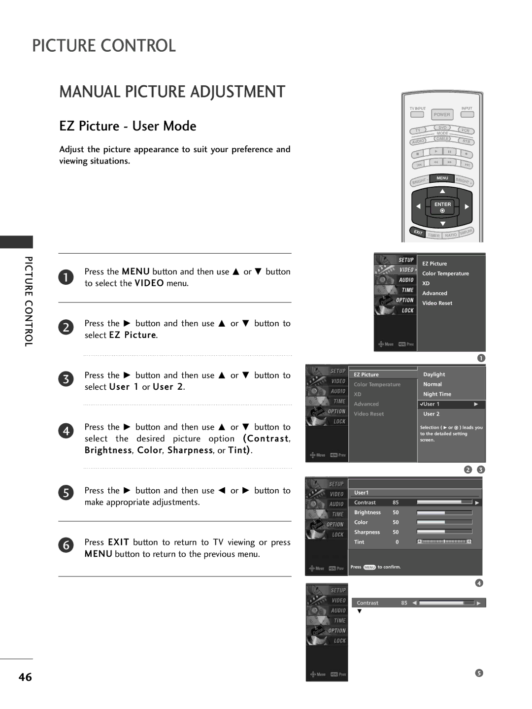 LG Electronics 32LC7D, 42PC5D owner manual Manual Picture Adjustment, EZ Picture User Mode, Select EZ Picture 