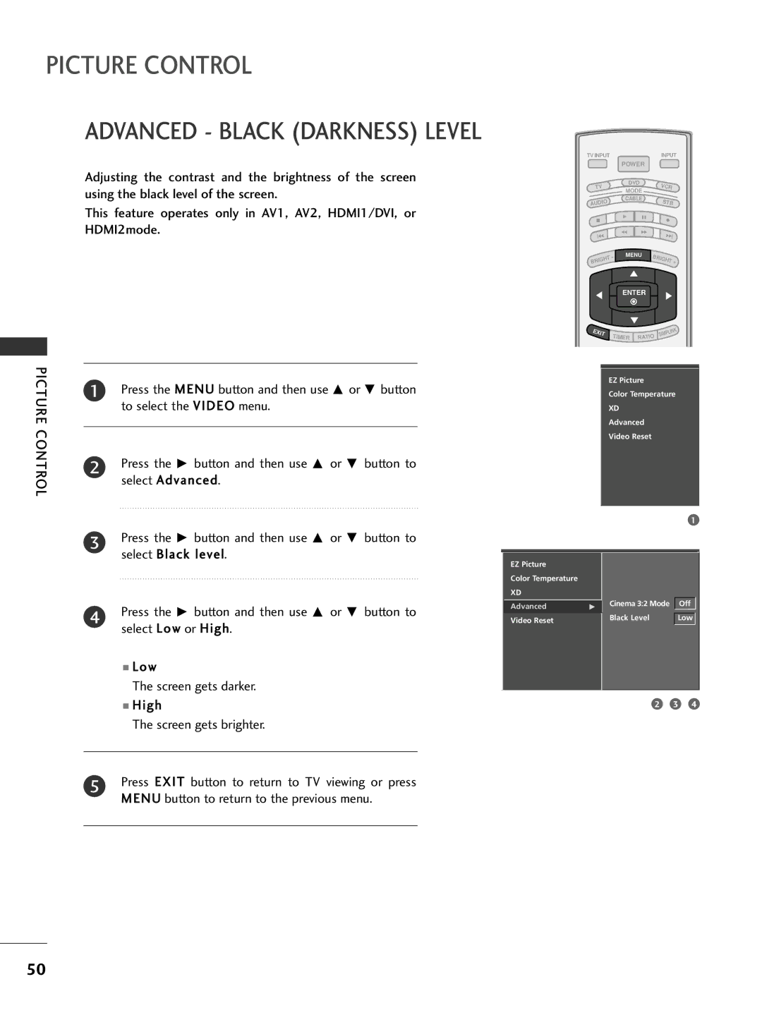 LG Electronics 32LC7D, 42PC5D owner manual Advanced Black Darkness Level 