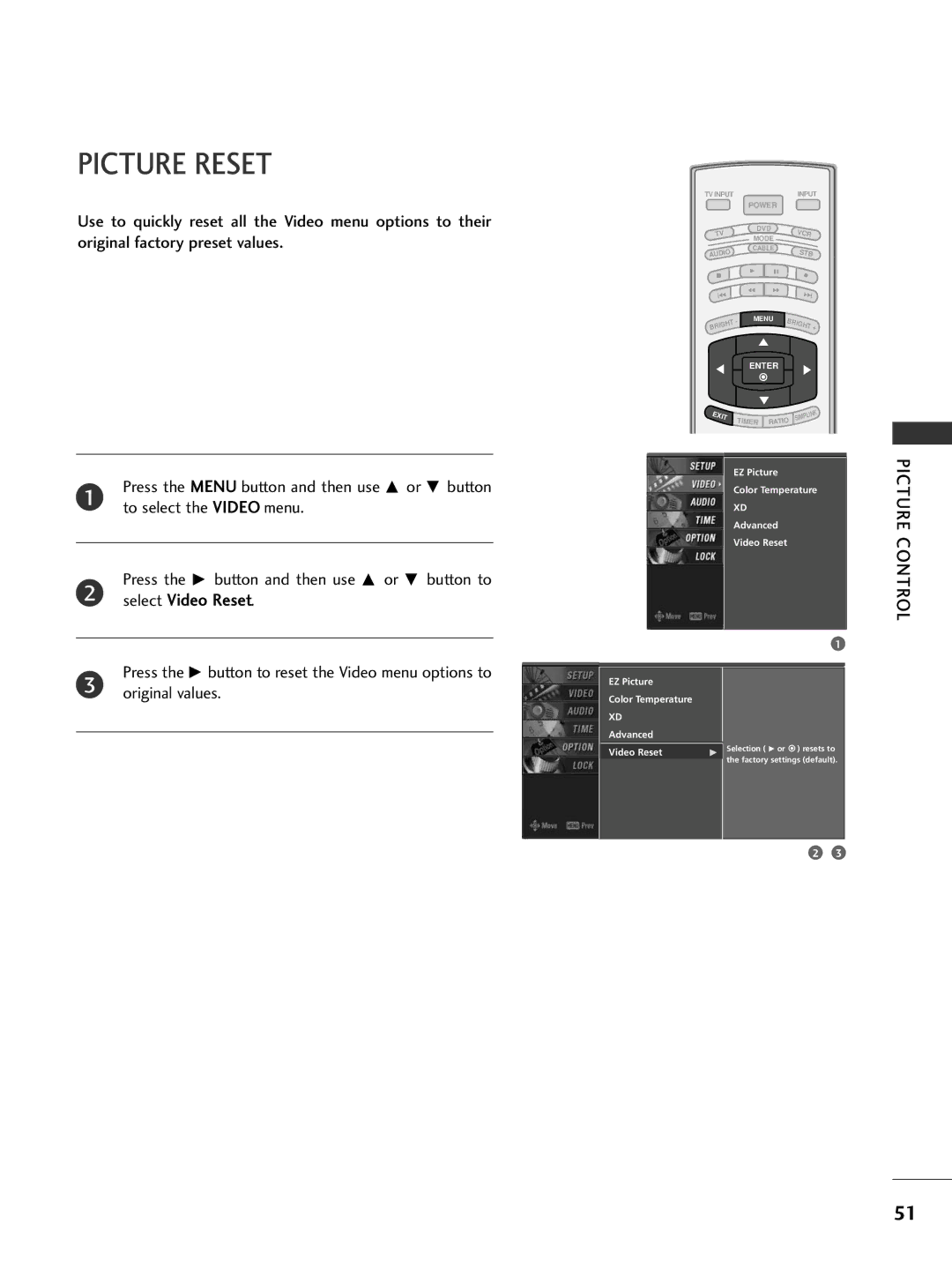 LG Electronics 42PC5D, 32LC7D owner manual Picture Reset, Select Video Reset 