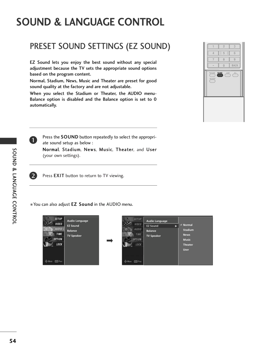 LG Electronics 32LC7D, 42PC5D owner manual Sound & Language Control, Preset Sound Settings EZ Sound 