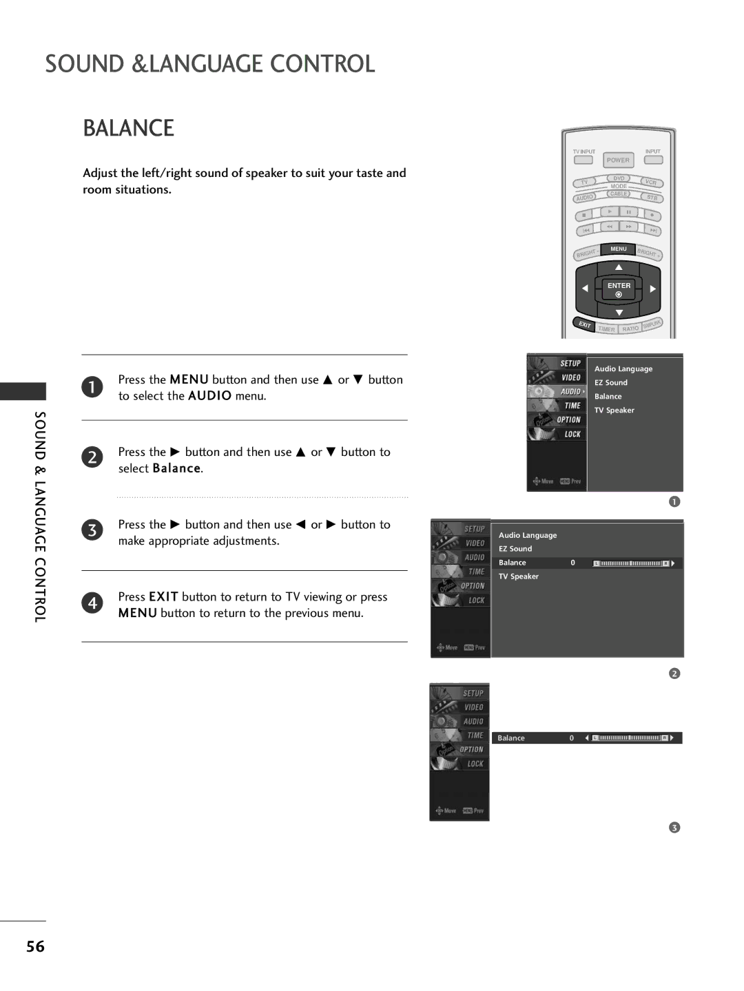 LG Electronics 32LC7D Select Balance, Press the G button and then use F or G button to, Make appropriate adjustments 