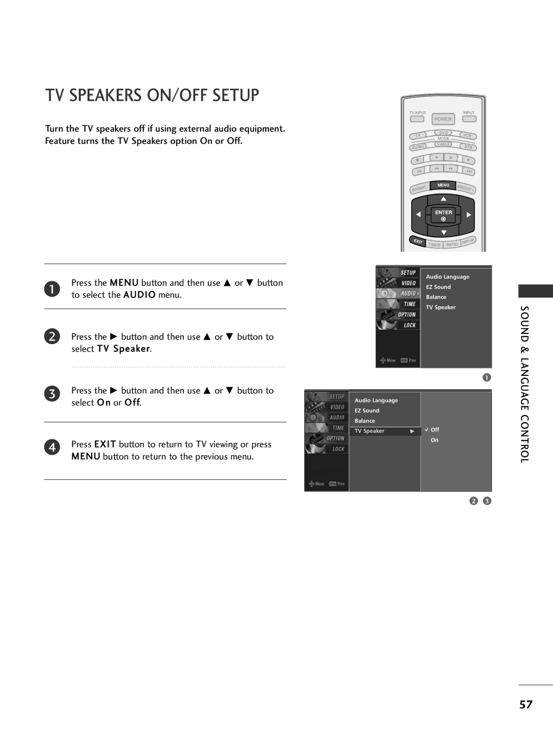 LG Electronics 42PC5D, 32LC7D owner manual TV Speakers ON/OFF Setup, Sound & Language Control 