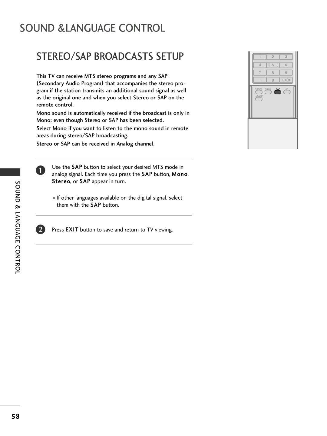 LG Electronics 32LC7D, 42PC5D STEREO/SAP Broadcasts Setup, Stereo, or SAP appear in turn, Them with the SAP button 