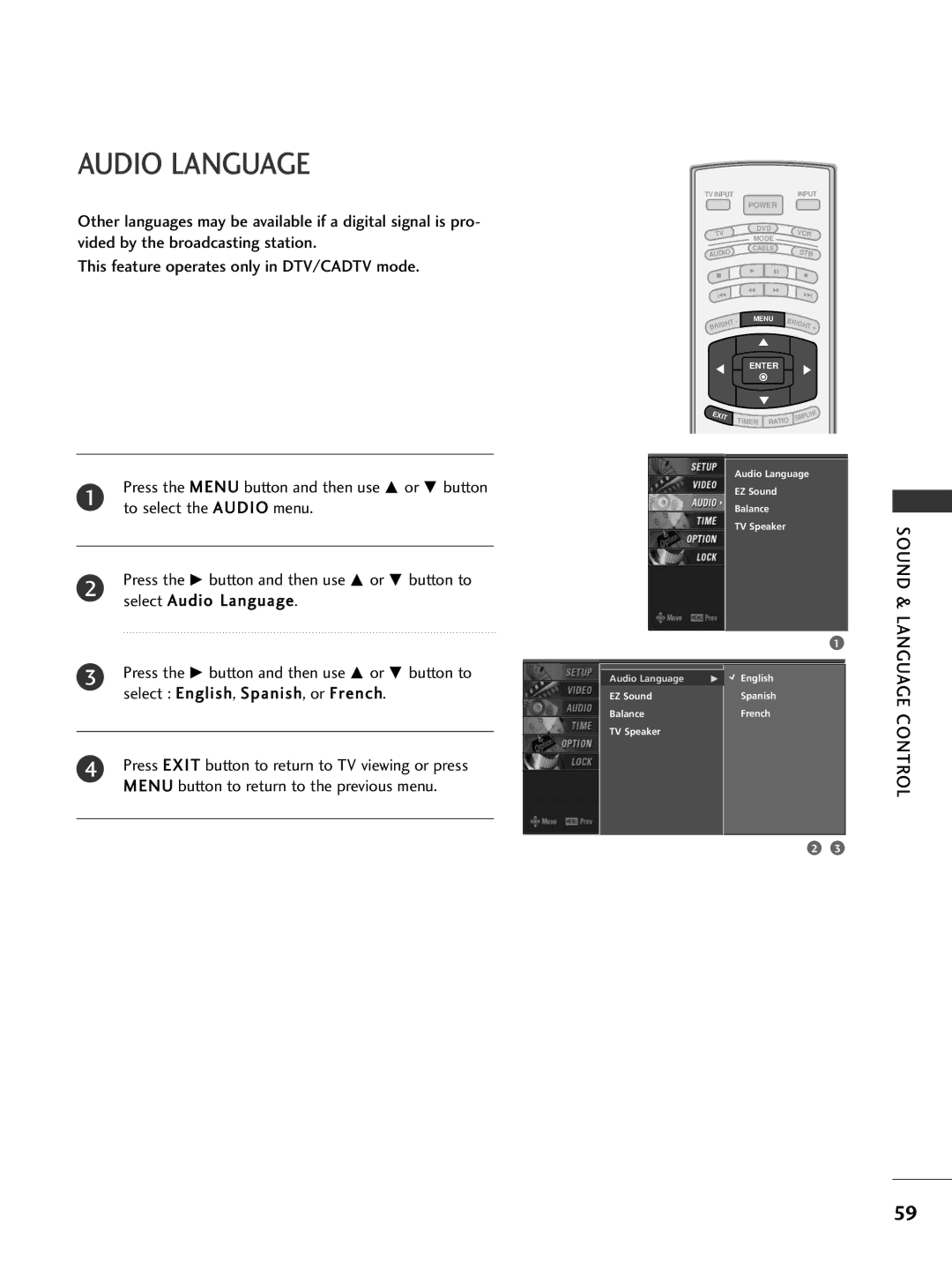 LG Electronics 42PC5D, 32LC7D owner manual Audio Language 