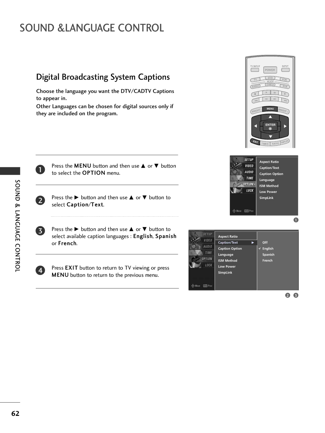 LG Electronics 32LC7D, 42PC5D owner manual Digital Broadcasting System Captions, Select Caption/Text, Or French 