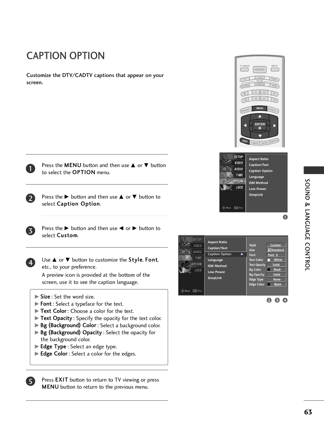 LG Electronics 42PC5D Caption Option, Customize the DTV/CADTV captions that appear on your screen, Sound & Language 