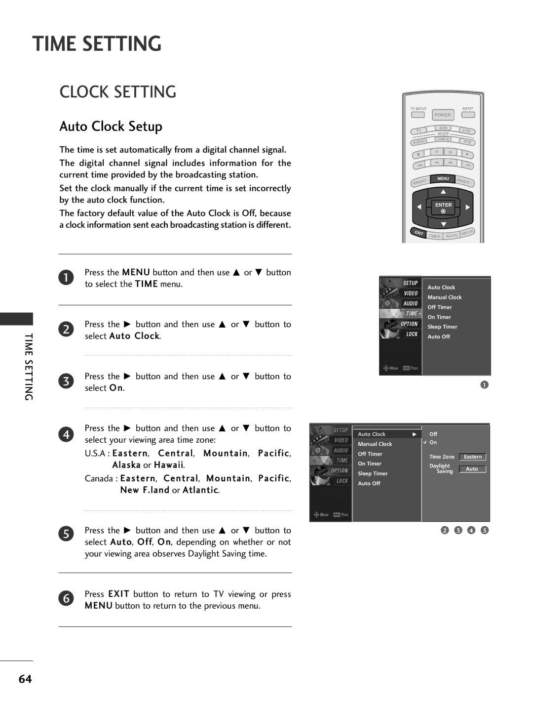 LG Electronics 32LC7D, 42PC5D owner manual Time Setting, Clock Setting, Auto Clock Setup 