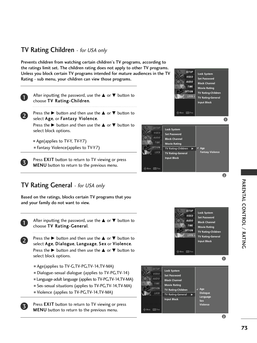 LG Electronics 42PC5D, 32LC7D owner manual TV Rating Children for USA only, TV Rating General for USA only 