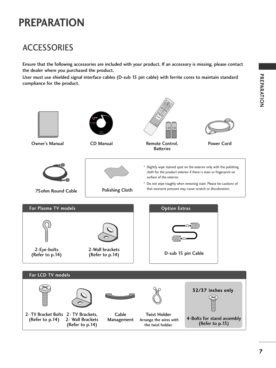 LG Electronics 42PC5D, 32LC7D owner manual Preparation, Accessories 