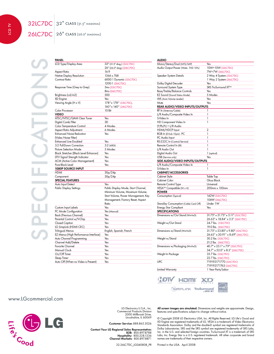 LG Electronics 32LC7DC, 26LC7DC warranty Specifications 