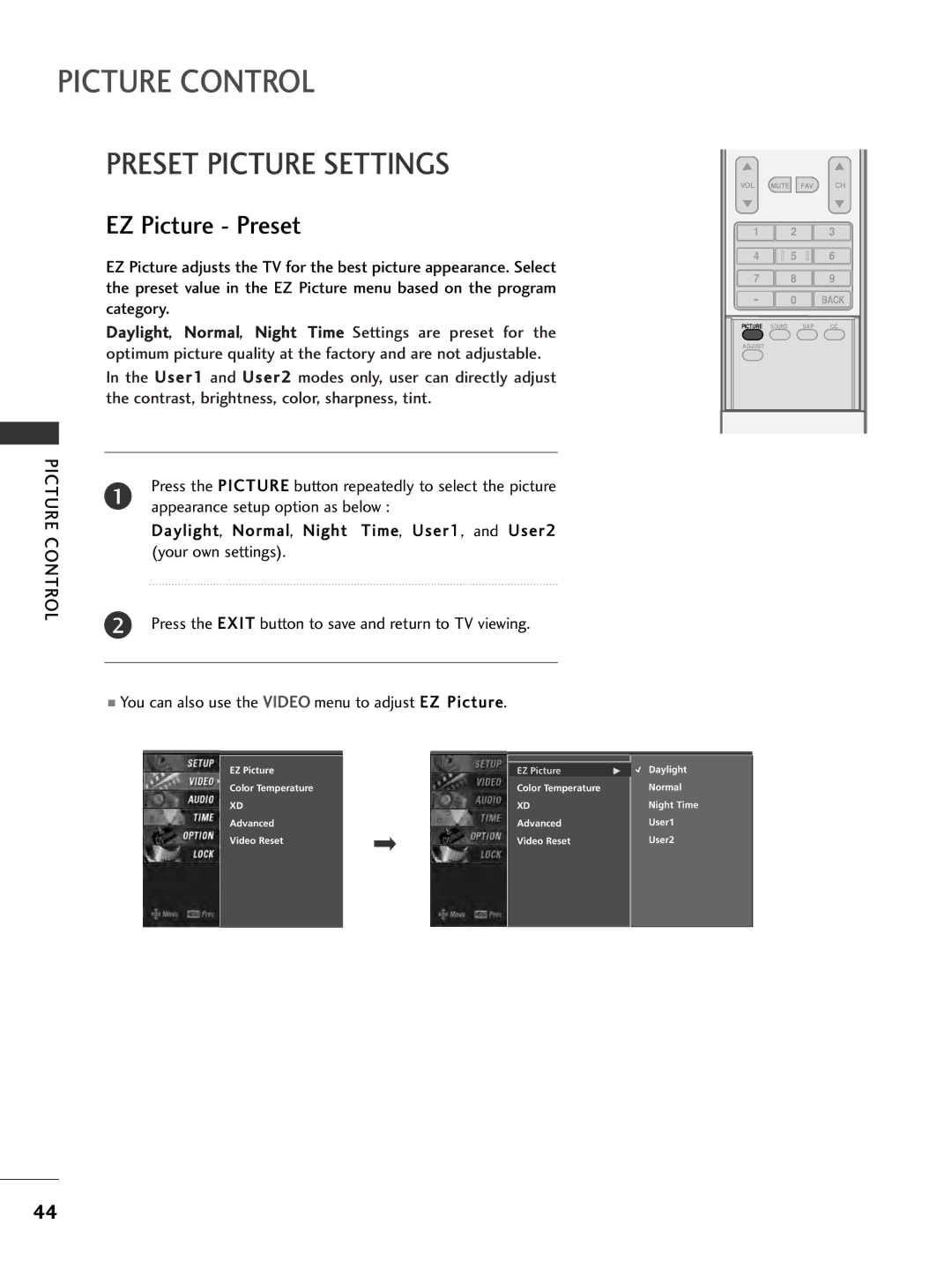 LG Electronics 37LC7D, 32LC7DC, 42PC5DC, 50PC5DC owner manual Preset Picture Settings, EZ Picture Preset 