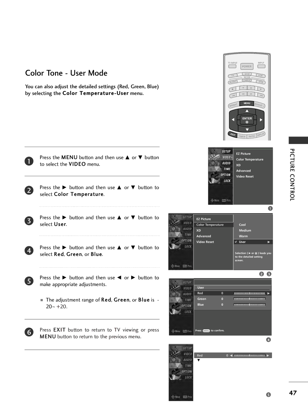 LG Electronics 32LC7DC, 37LC7D, 42PC5DC, 50PC5DC owner manual Color Tone User Mode, Or G button to 