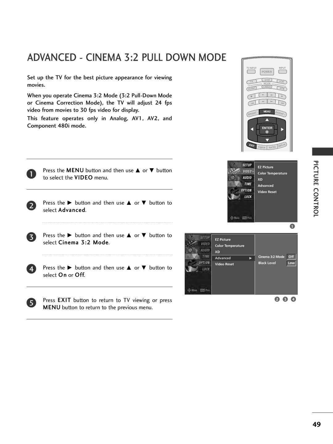 LG Electronics 37LC7D, 32LC7DC, 42PC5DC, 50PC5DC owner manual Advanced Cinema 32 Pull Down Mode 