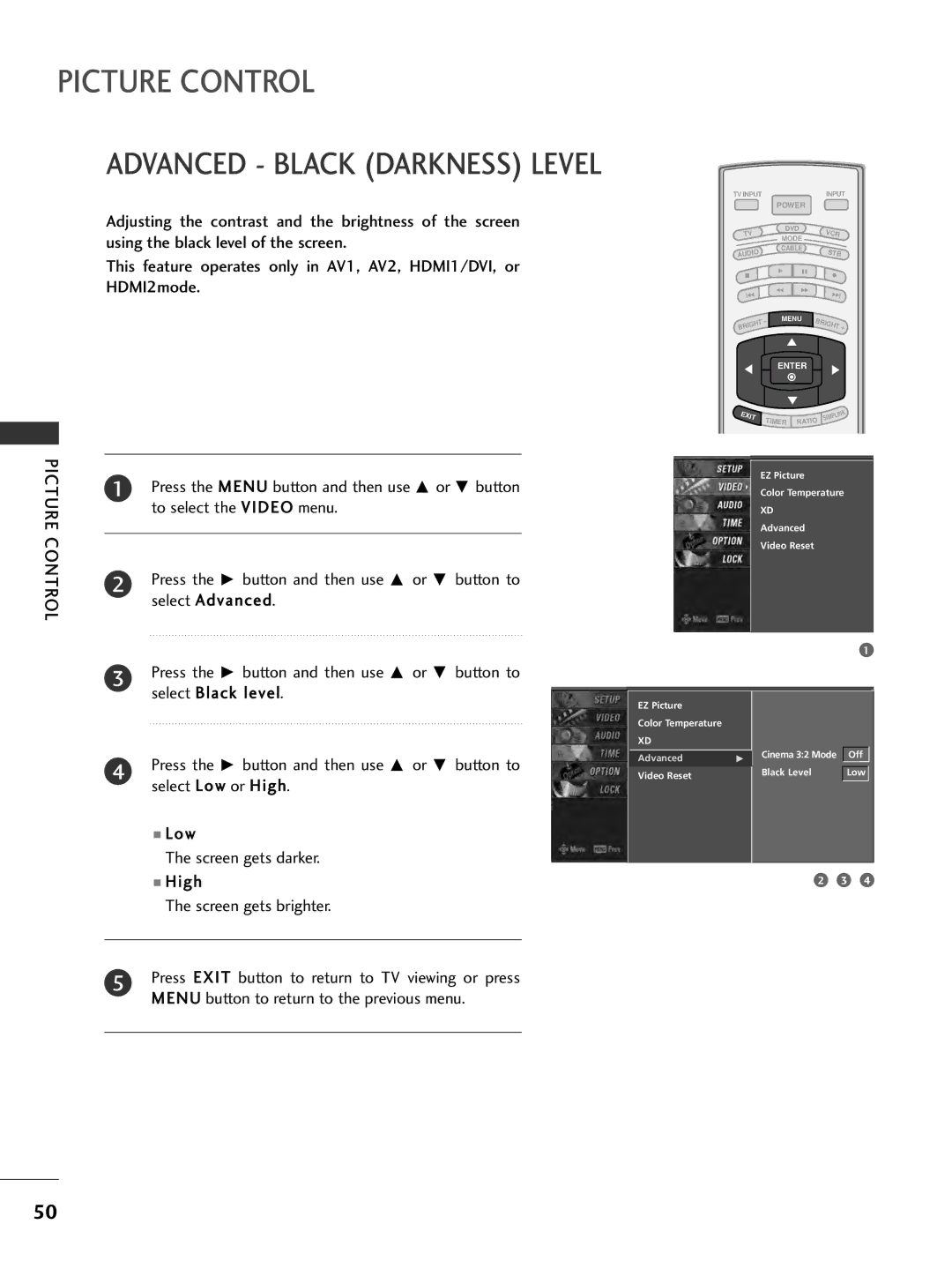 LG Electronics 42PC5DC, 32LC7DC, 37LC7D, 50PC5DC owner manual Advanced Black Darkness Level 