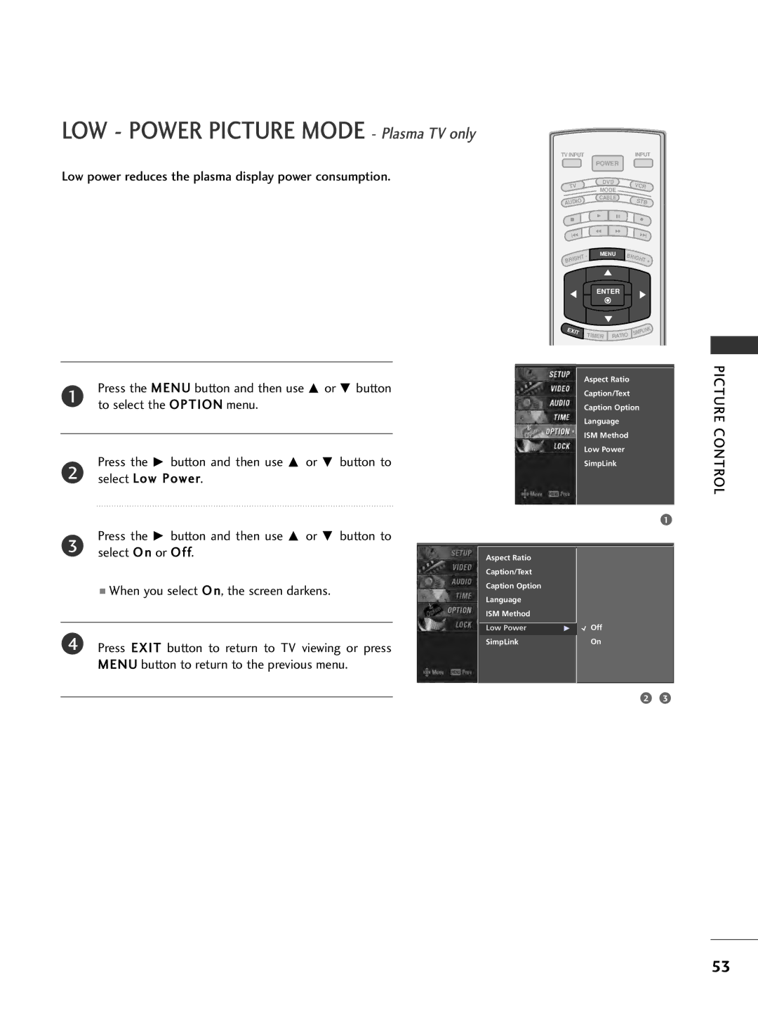 LG Electronics 32LC7DC, 37LC7D, 42PC5DC, 50PC5DC owner manual LOW Power Picture Mode Plasma TV only 