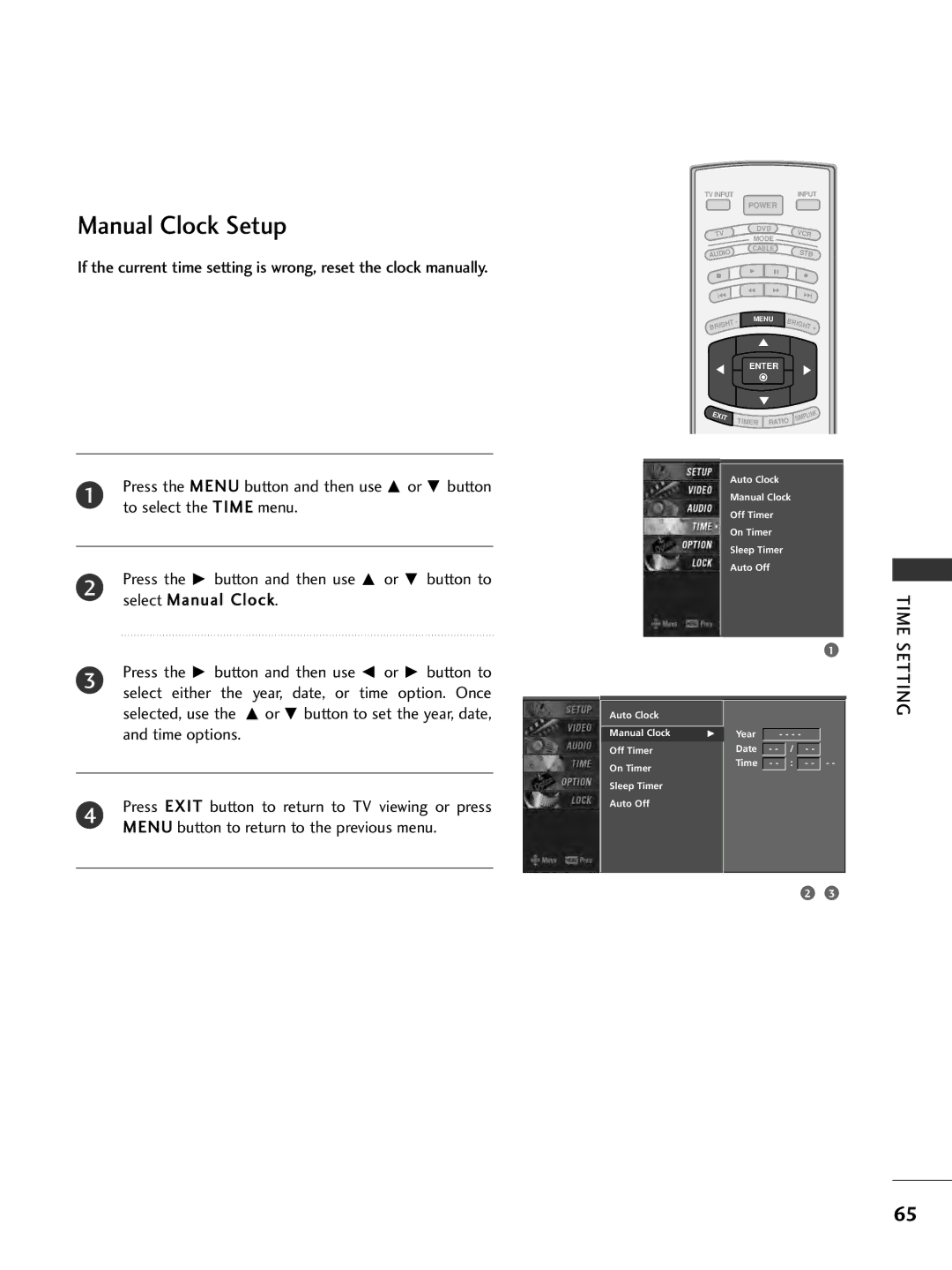 LG Electronics 42PC5DC, 32LC7DC, 37LC7D, 50PC5DC owner manual Manual Clock Setup, Time Setting 