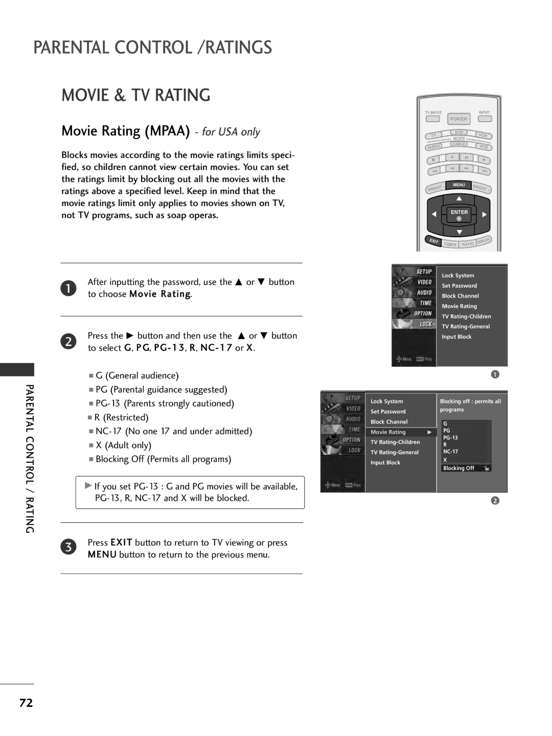 LG Electronics 32LC7DC, 37LC7D, 42PC5DC, 50PC5DC owner manual Movie & TV Rating, Movie Rating Mpaa for USA only 