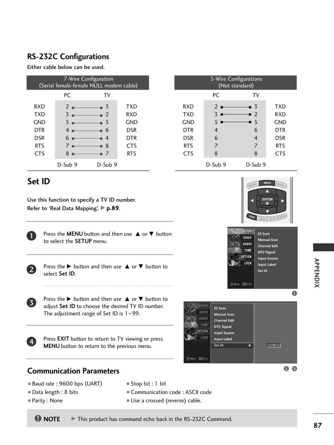 LG Electronics 32LC7DC, 37LC7D, 42PC5DC, 50PC5DC owner manual RS-232C Configurations, Communication Parameters 