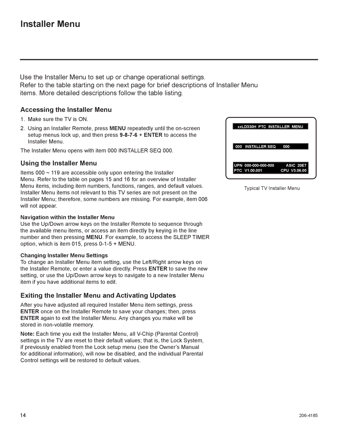 LG Electronics 32LD330H, 37LD330H setup guide Accessing the Installer Menu, Using the Installer Menu 