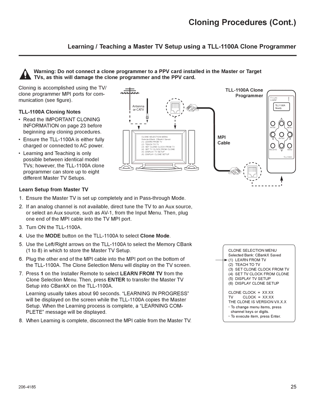 LG Electronics 37LD330H, 32LD330H setup guide TLL-1100A Cloning Notes, TLL-1100A Clone Programmer TV Link, Cable 