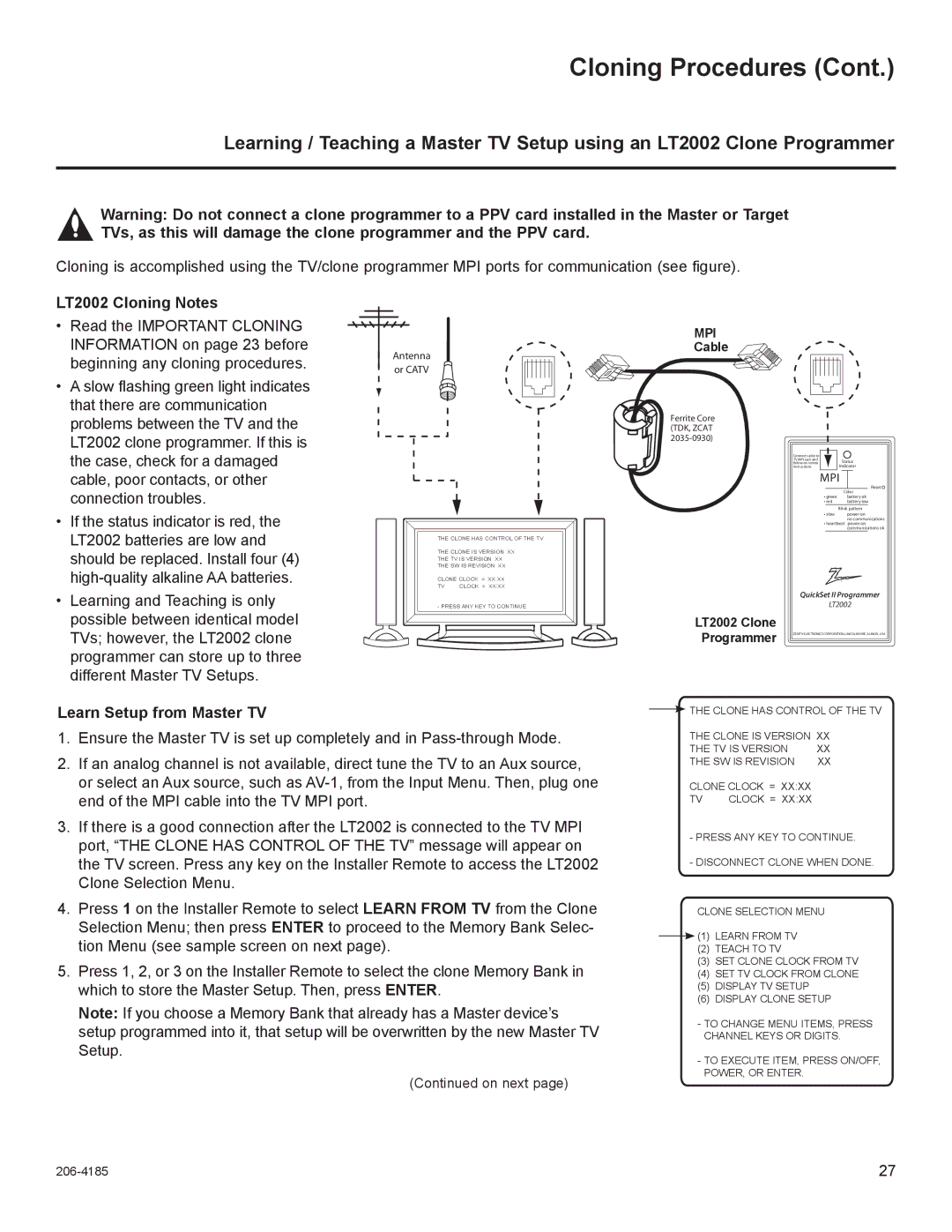 LG Electronics 37LD330H, 32LD330H setup guide LT2002 Cloning Notes, Different Master TV Setups 