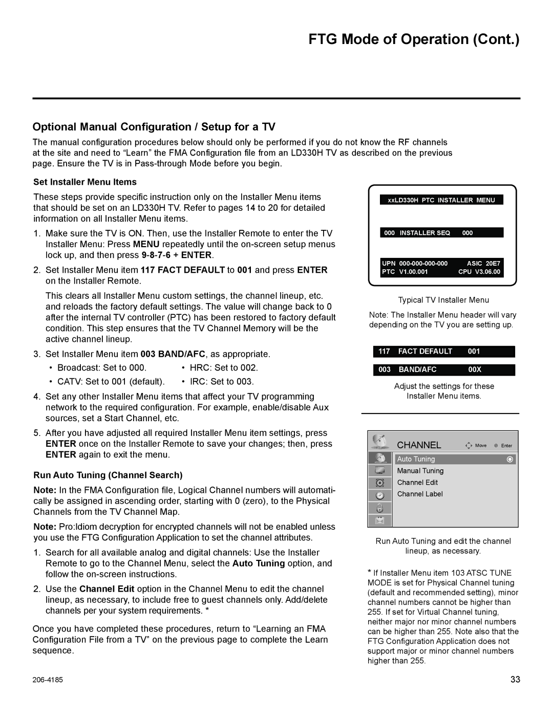 LG Electronics 37LD330H, 32LD330H setup guide Optional Manual Configuration / Setup for a TV, Set Installer Menu Items 