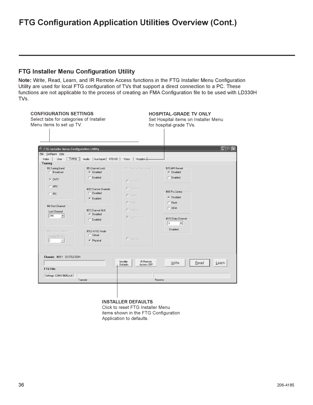 LG Electronics 32LD330H, 37LD330H FTG Installer Menu Configuration Utility, HOSPITAL-GRADE TV only, Installer Defaults 