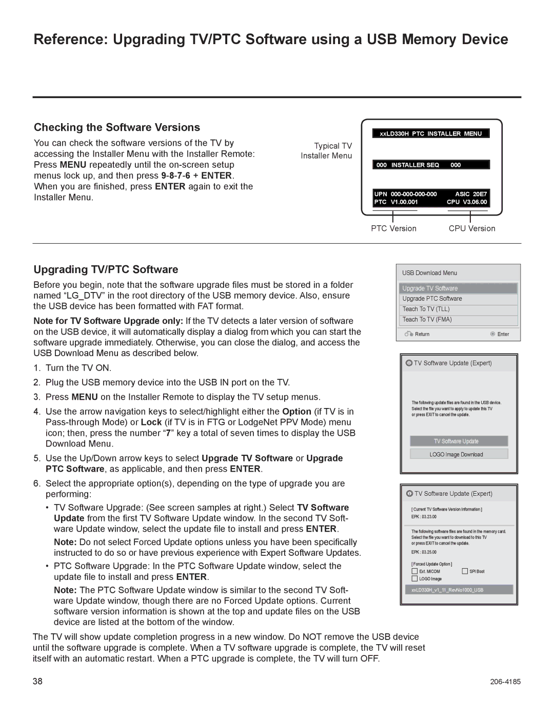 LG Electronics 32LD330H, 37LD330H setup guide Checking the Software Versions, Upgrading TV/PTC Software 