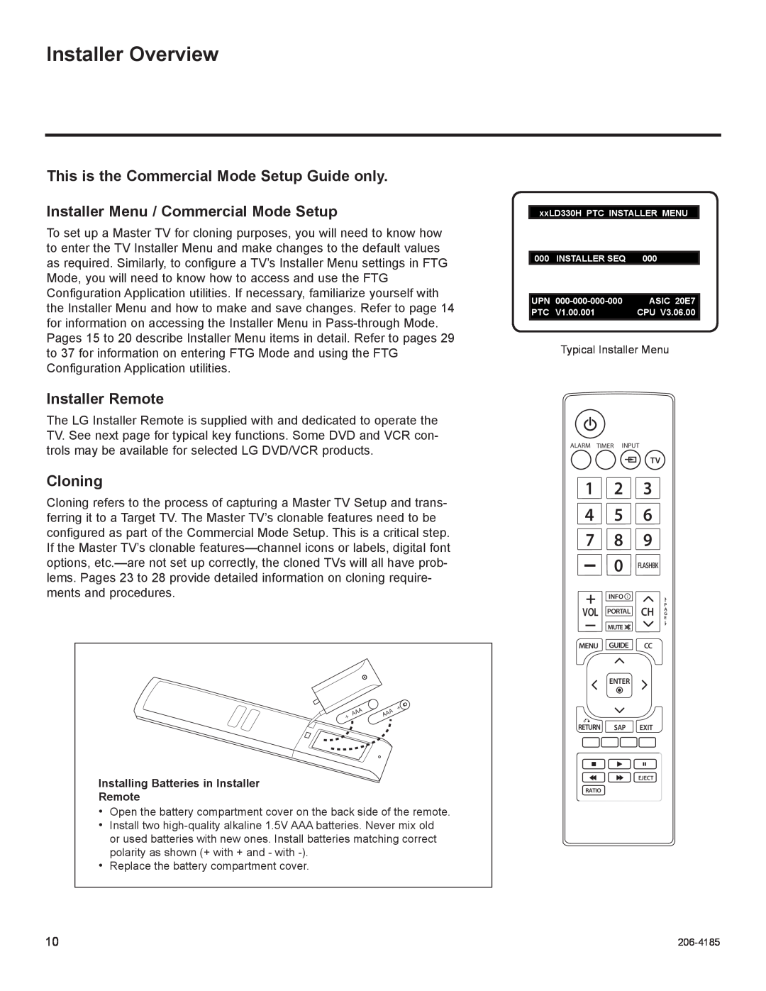 LG Electronics 32LD330H Installer Overview, This is the Commercial Mode Setup Guide only, Installer Remote, Cloning 