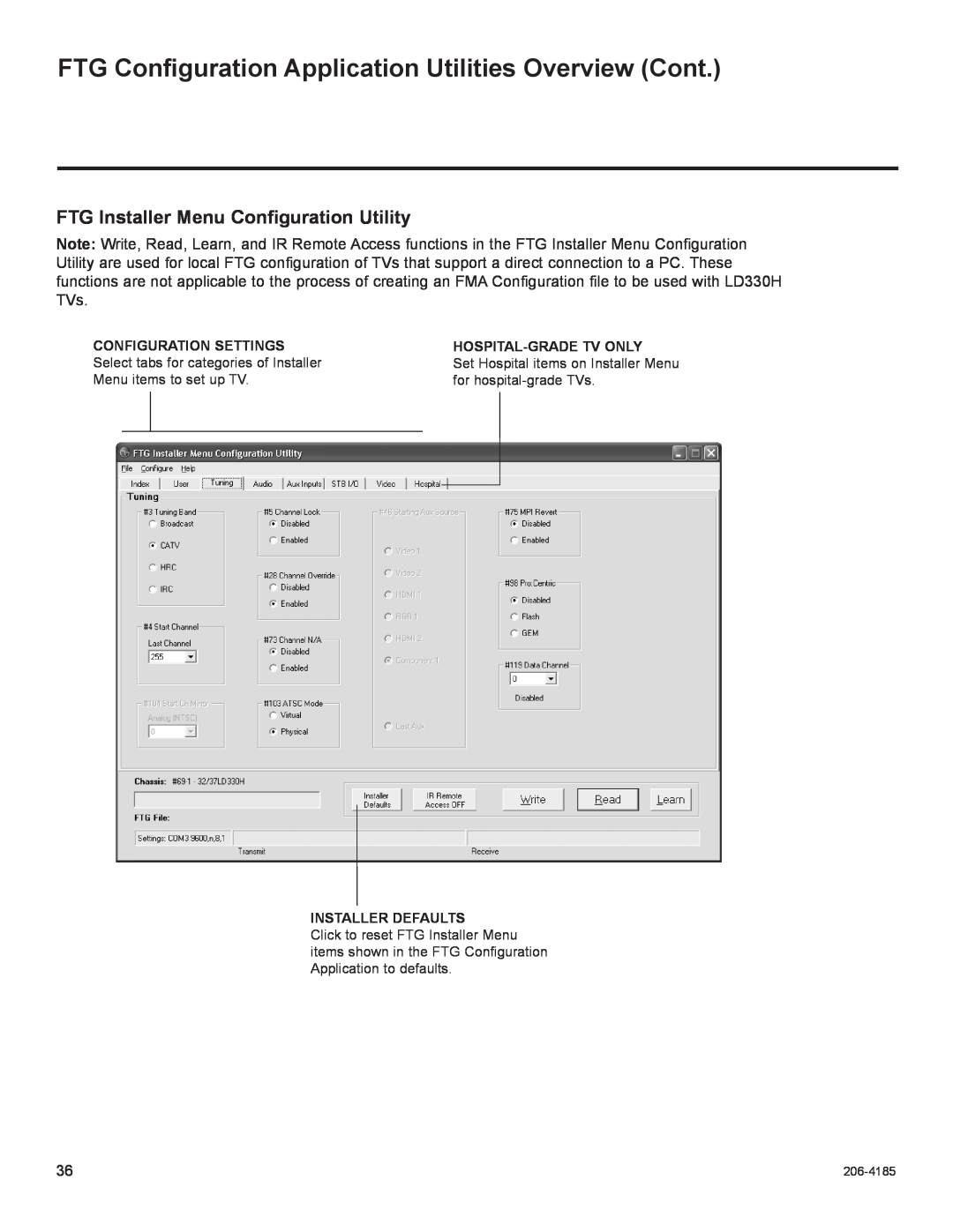LG Electronics 32LD330H FTG Installer Menu Configuration Utility, FTG Configuration Application Utilities Overview Cont 