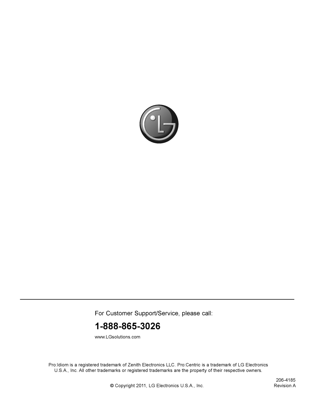 LG Electronics 32LD330H For Customer Support/Service, please call­, Copyright 2011, LG Electronics U.S.A., Inc, 206-4185 