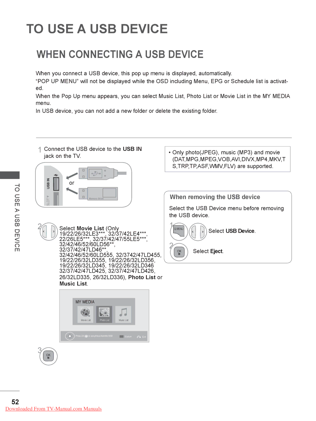 LG Electronics 19LE3, 32LD35, 22LE3 When Connecting a USB Device, To USE a USB Device, Select USB Device, Select Eject 