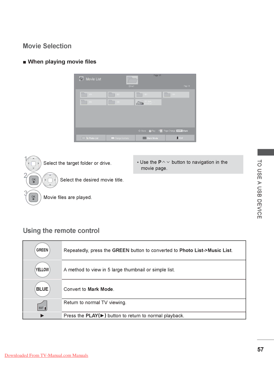 LG Electronics 22LE3 Movie Selection, Using the remote control, When playing movie files, USE a, Blue Convert to Mark Mode 