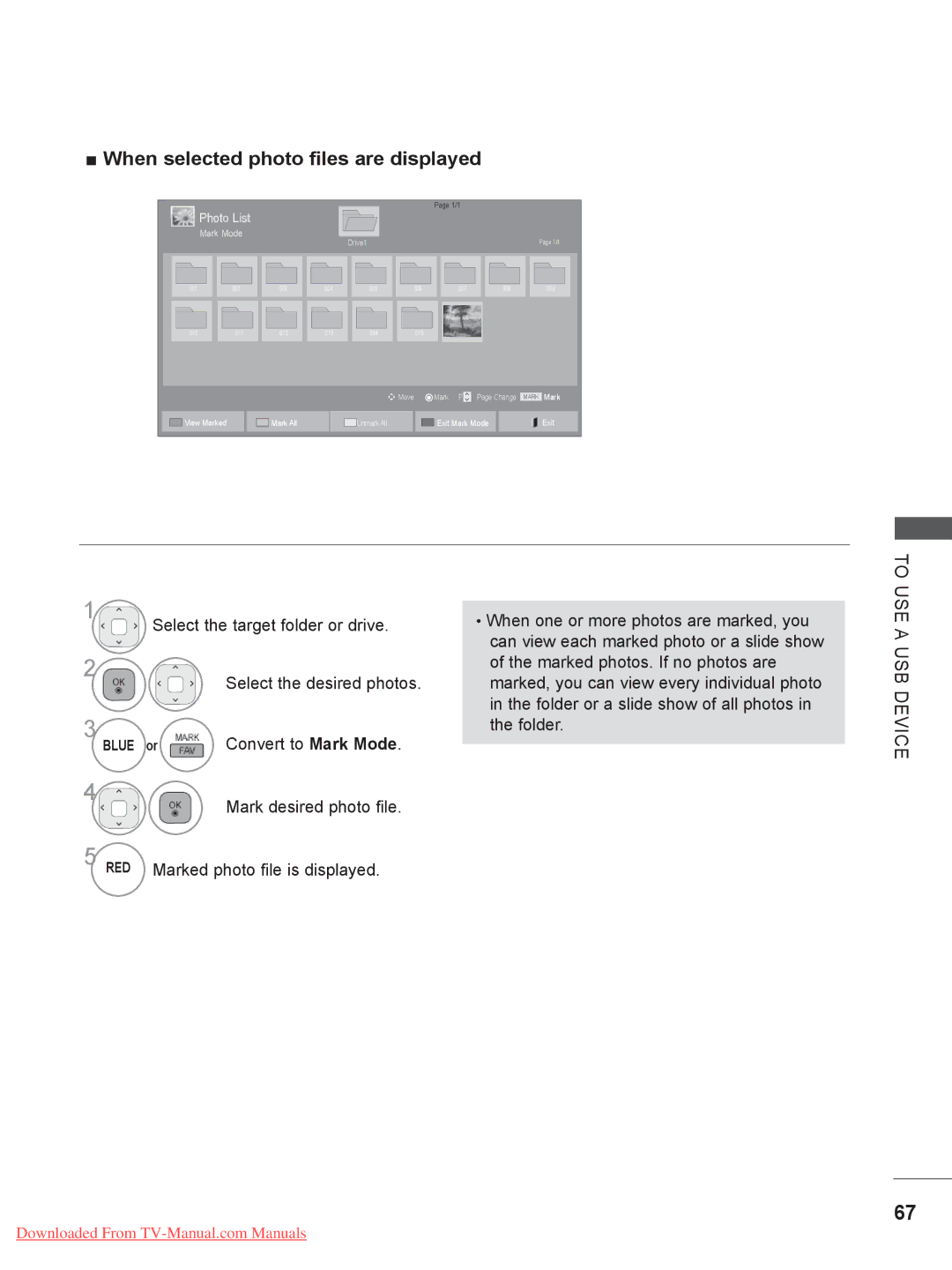 LG Electronics 22LD35 When selected photo files are displayed, Select the target folder or drive, Convert to Mark Mode 