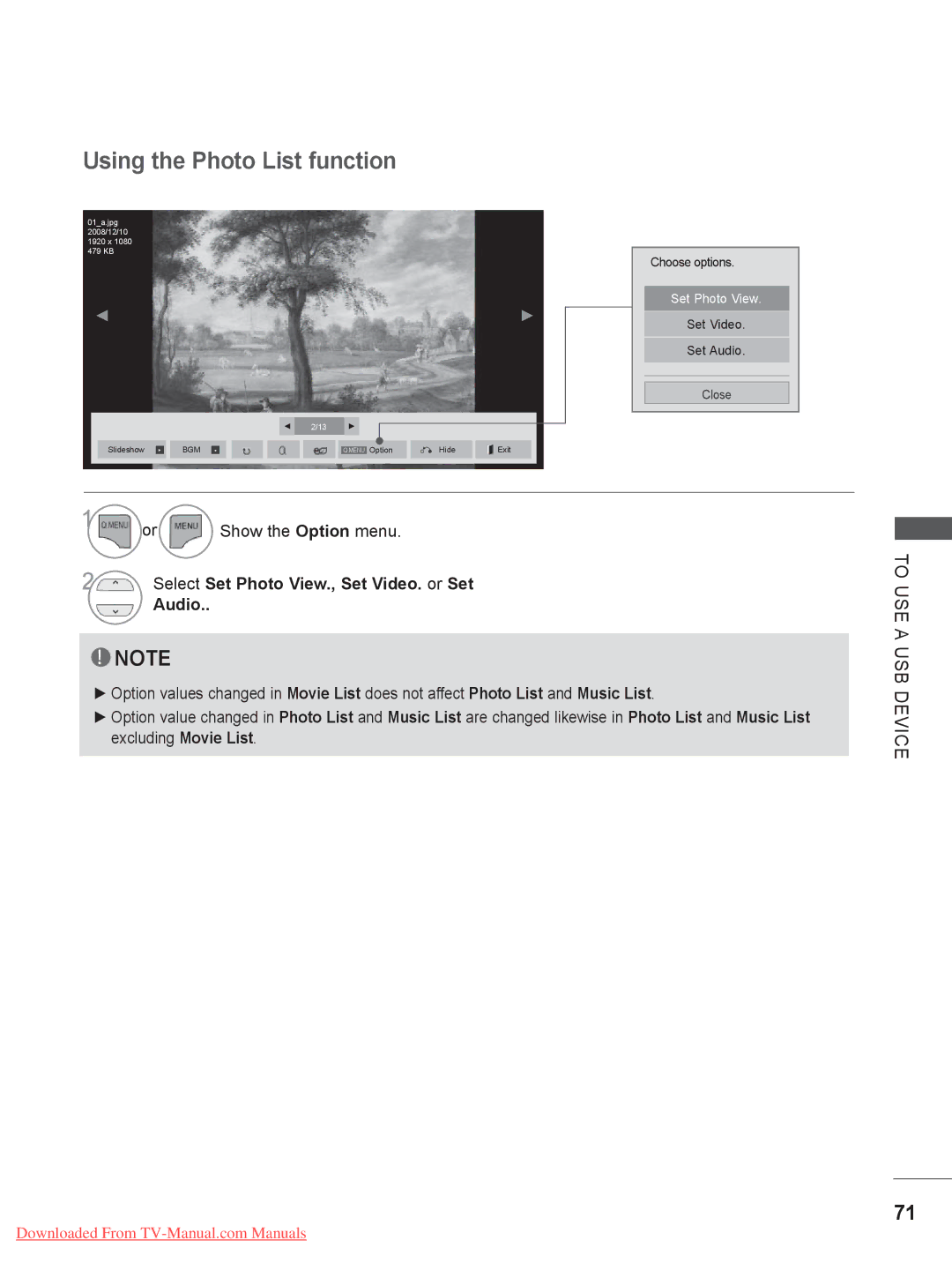 LG Electronics 19LD35, 32LD35, 22LE3, 26LE3, 22LD35, 19LE3, 32LE3, 26LD35 Using the Photo List function, Show the Option menu 