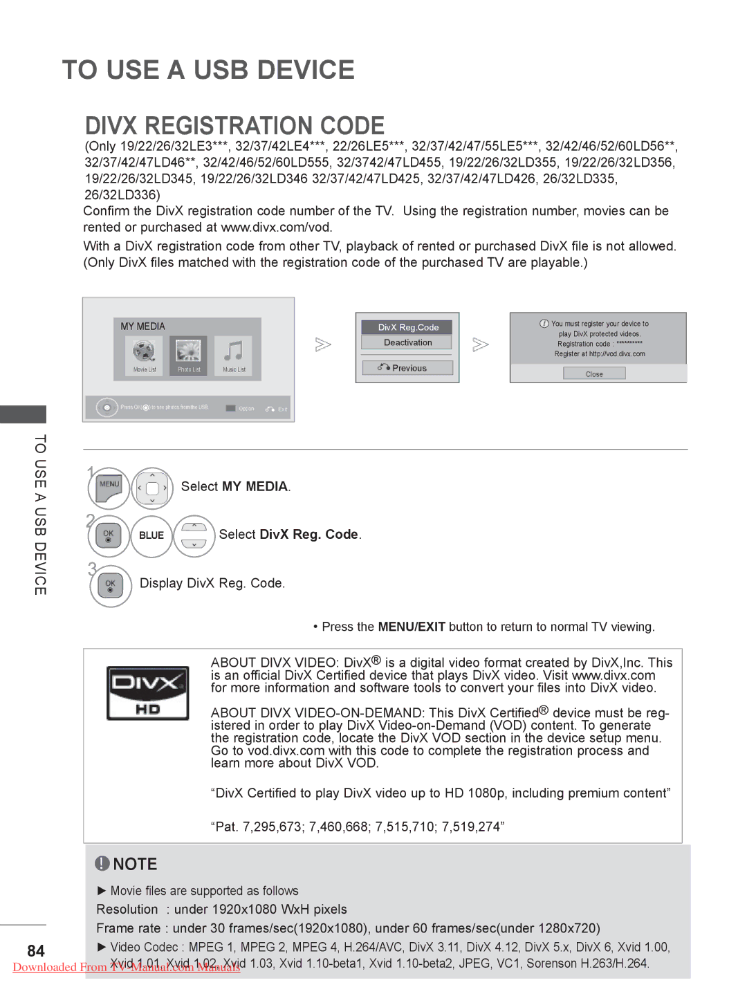 LG Electronics 19LE3, 32LD35, 22LE3, 26LE3, 22LD35, 32LE3, 26LD35, 19LD35 Divx Registration Code, Display DivX Reg. Code 