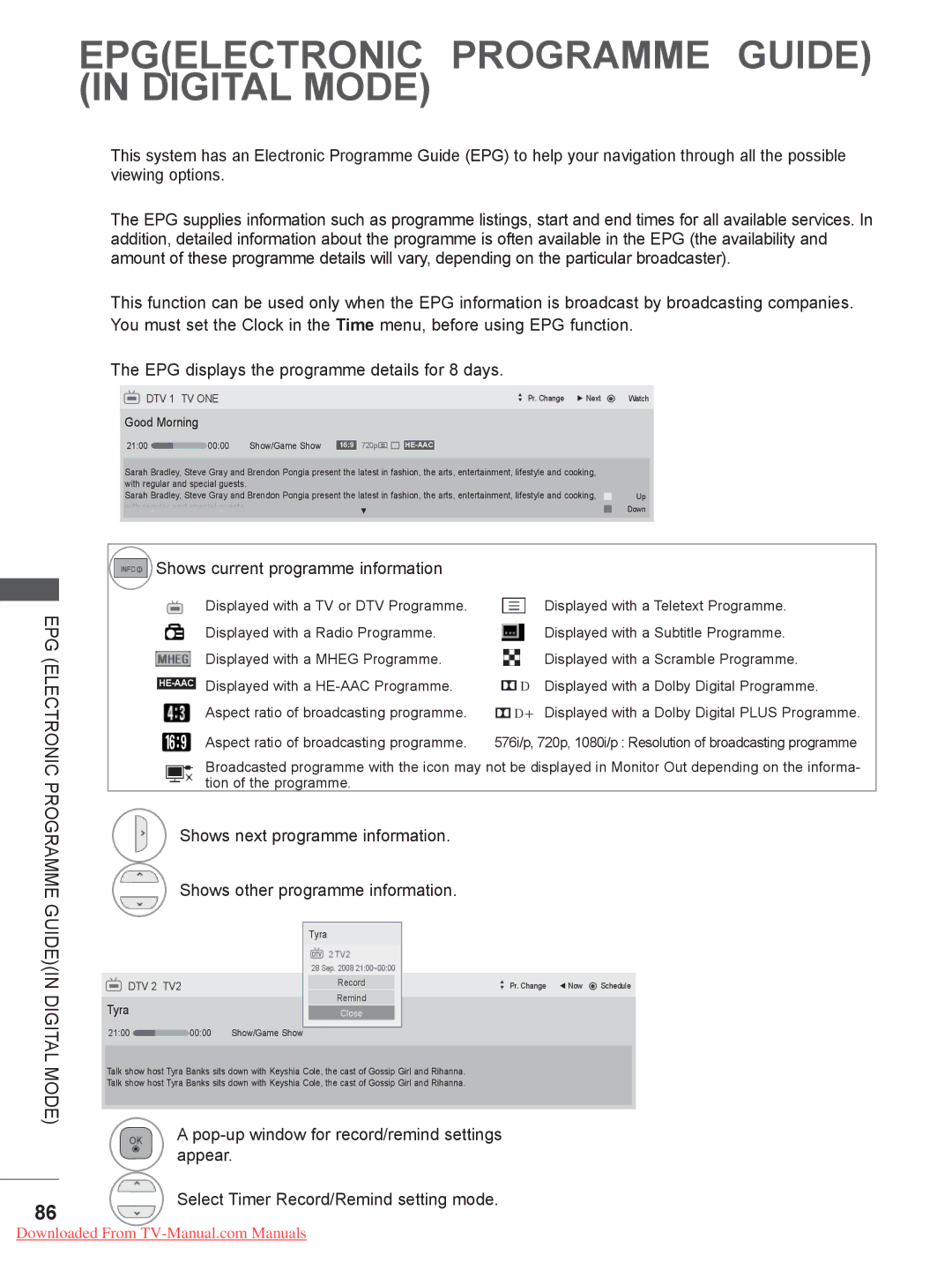 LG Electronics 26LD35, 32LD35, 22LE3 EPG Electronic Programme Guidein Digital Mode, Shows current programme information 