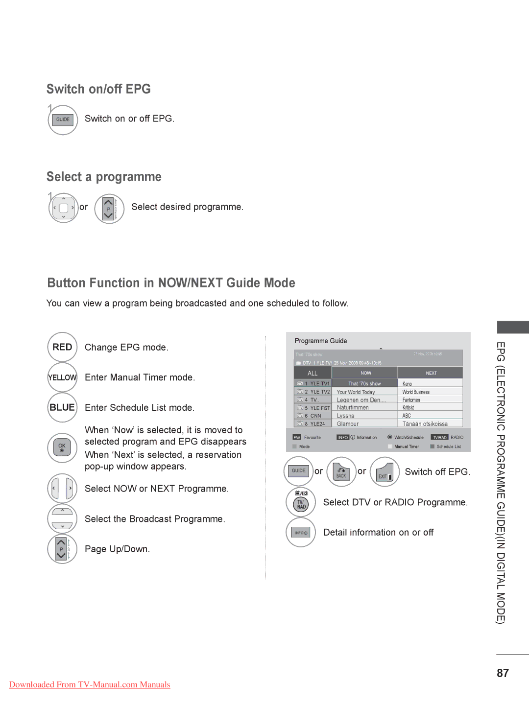 LG Electronics 19LD35, 32LD35, 22LE3, 26LE3 Switch on/off EPG, Select a programme, Button Function in NOW/NEXT Guide Mode 