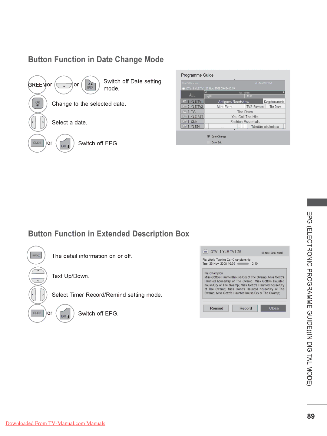 LG Electronics 22LE3, 32LD35, 26LE3, 22LD35 Button Function in Date Change Mode, Button Function in Extended Description Box 