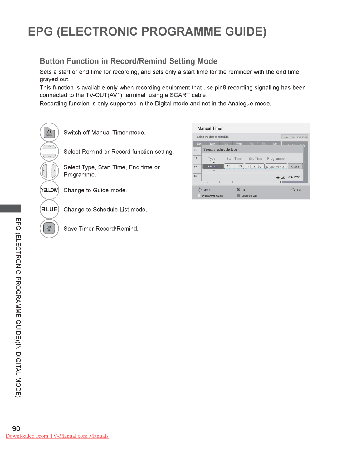 LG Electronics 26LE3, 32LD35, 22LE3, 22LD35, 19LE3 Button Function in Record/Remind Setting Mode, Save Timer Record/Remind 