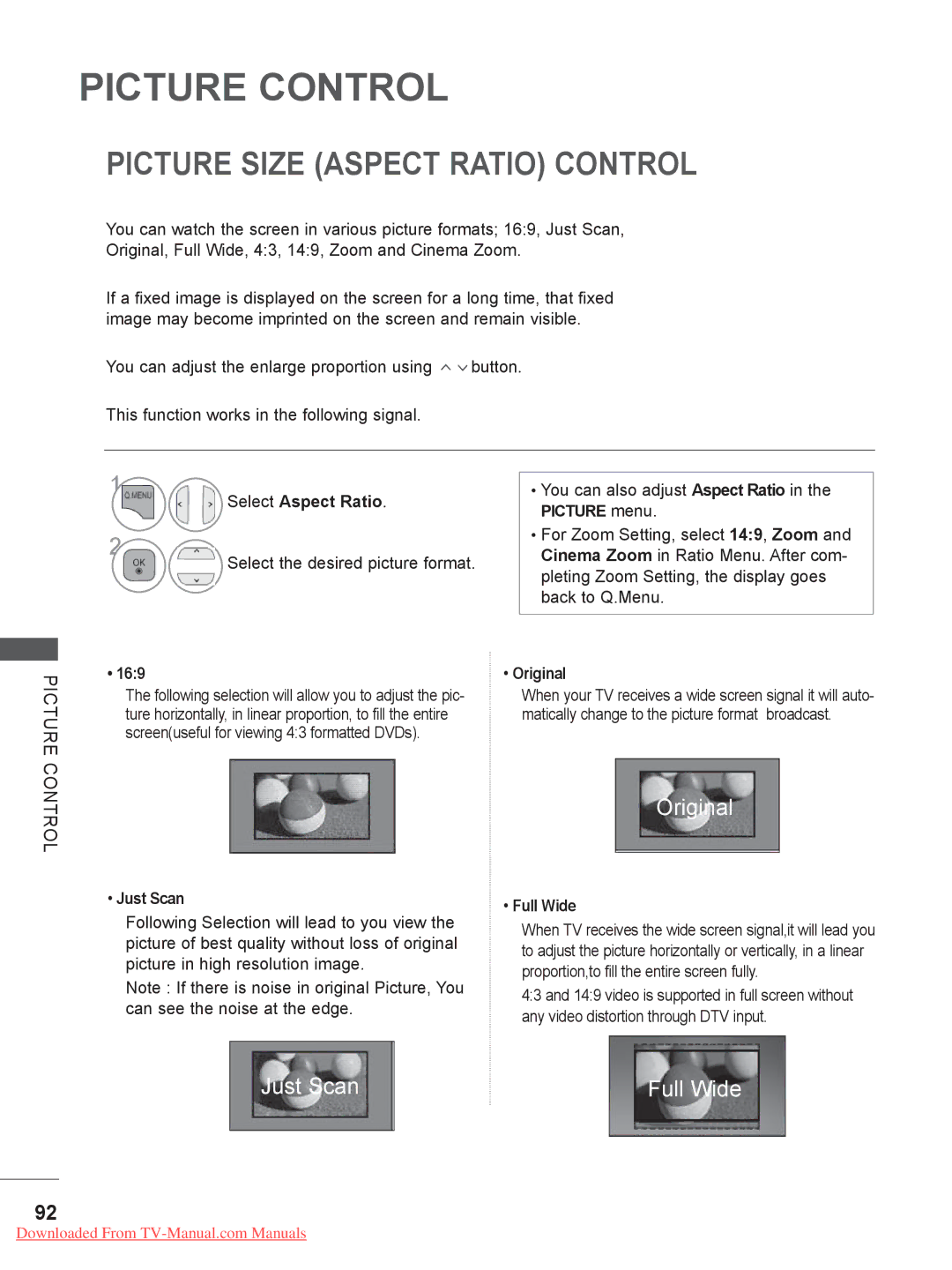 LG Electronics 19LE3, 32LD35, 22LE3 Picture Size Aspect Ratio Control, Select Aspect Ratio, Original, Just Scan, Full Wide 