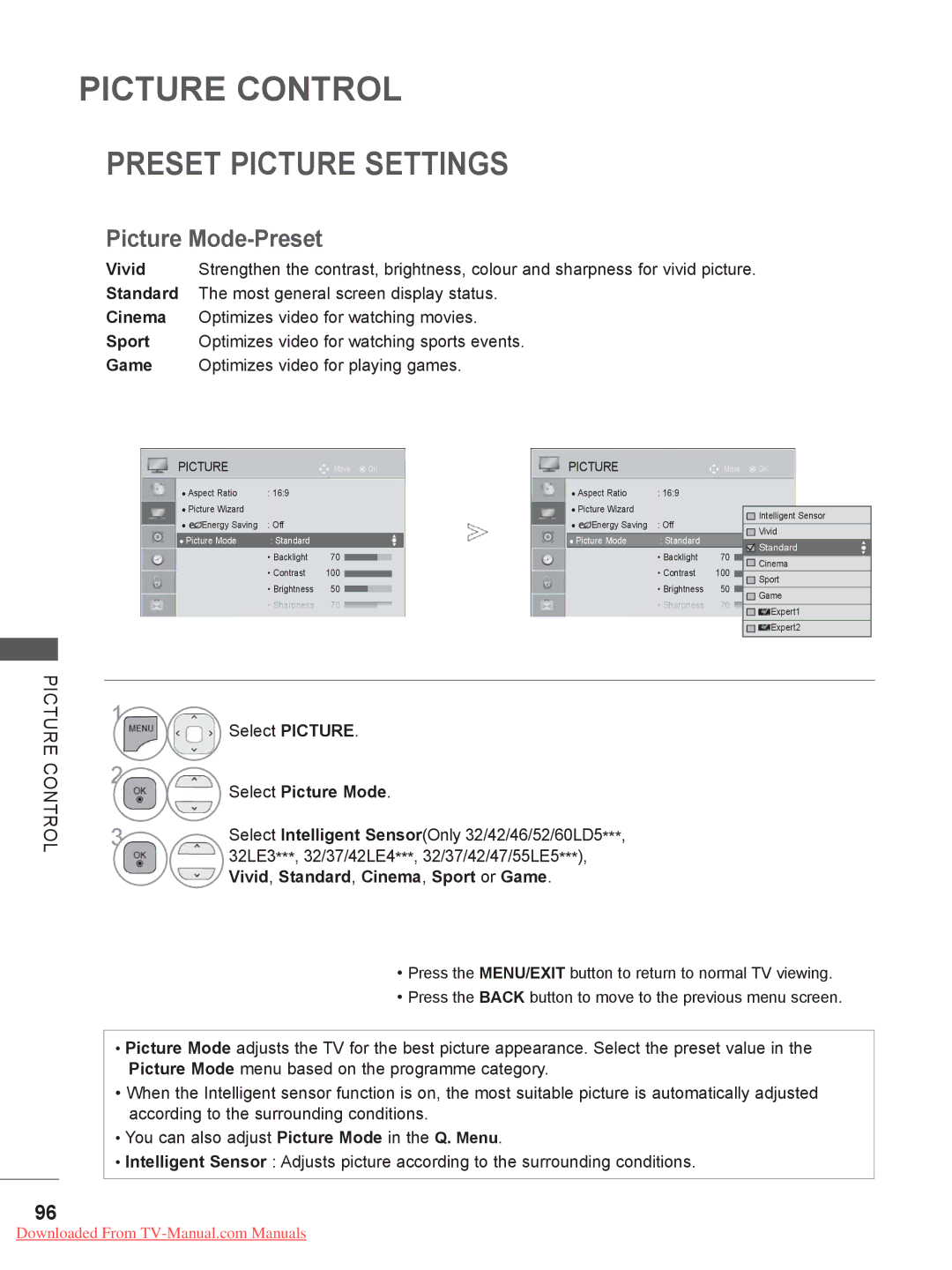 LG Electronics 32LD35, 22LE3, 26LE3, 22LD35, 19LE3, 32LE3 Preset Picture Settings, Picture Mode-Preset, Select Picture Mode 