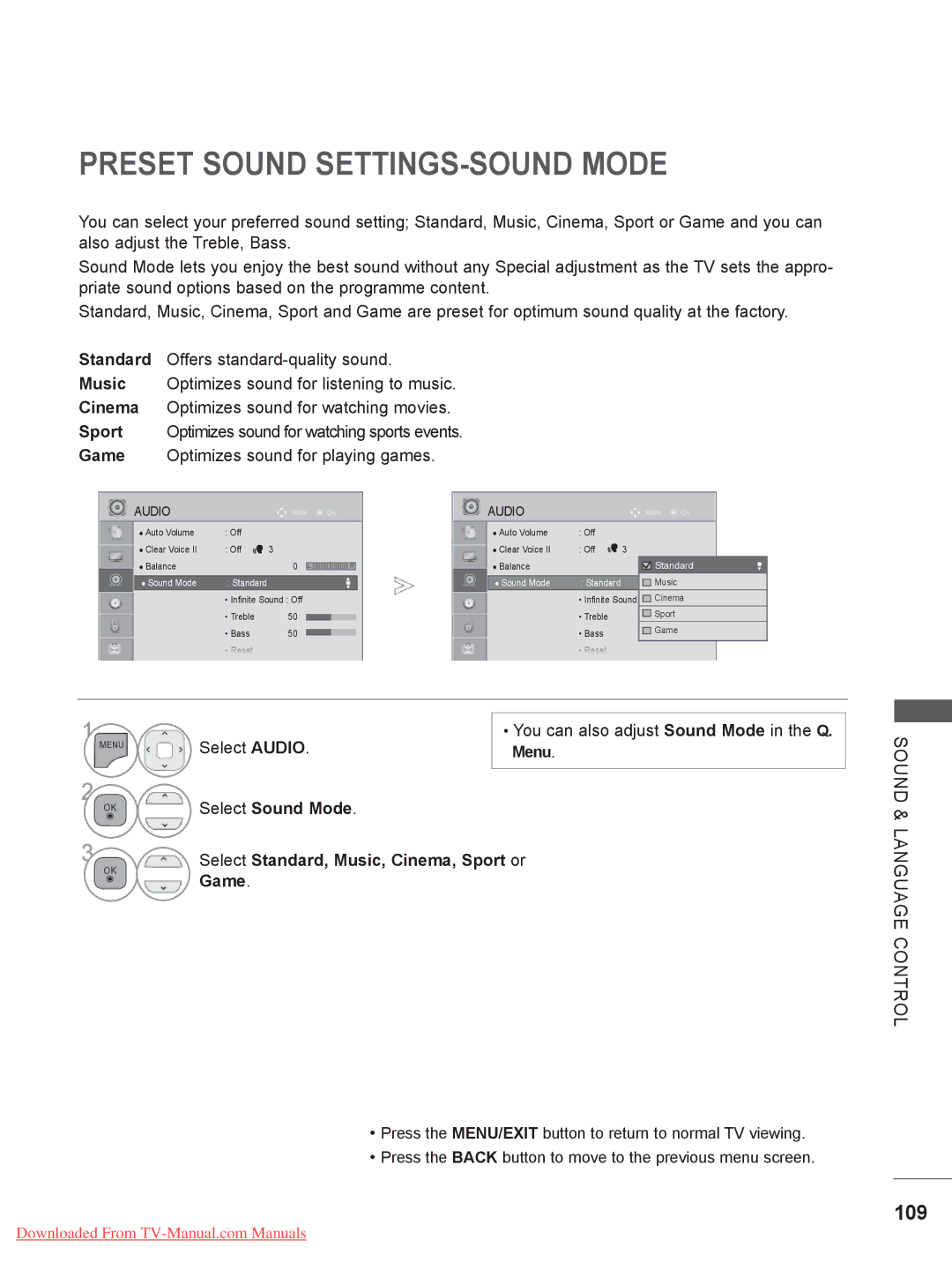 LG Electronics 32LE3, 32LD35 Preset Sound SETTINGS-SOUND Mode, 109, Select Audio You can also adjust Sound Mode in the Q 