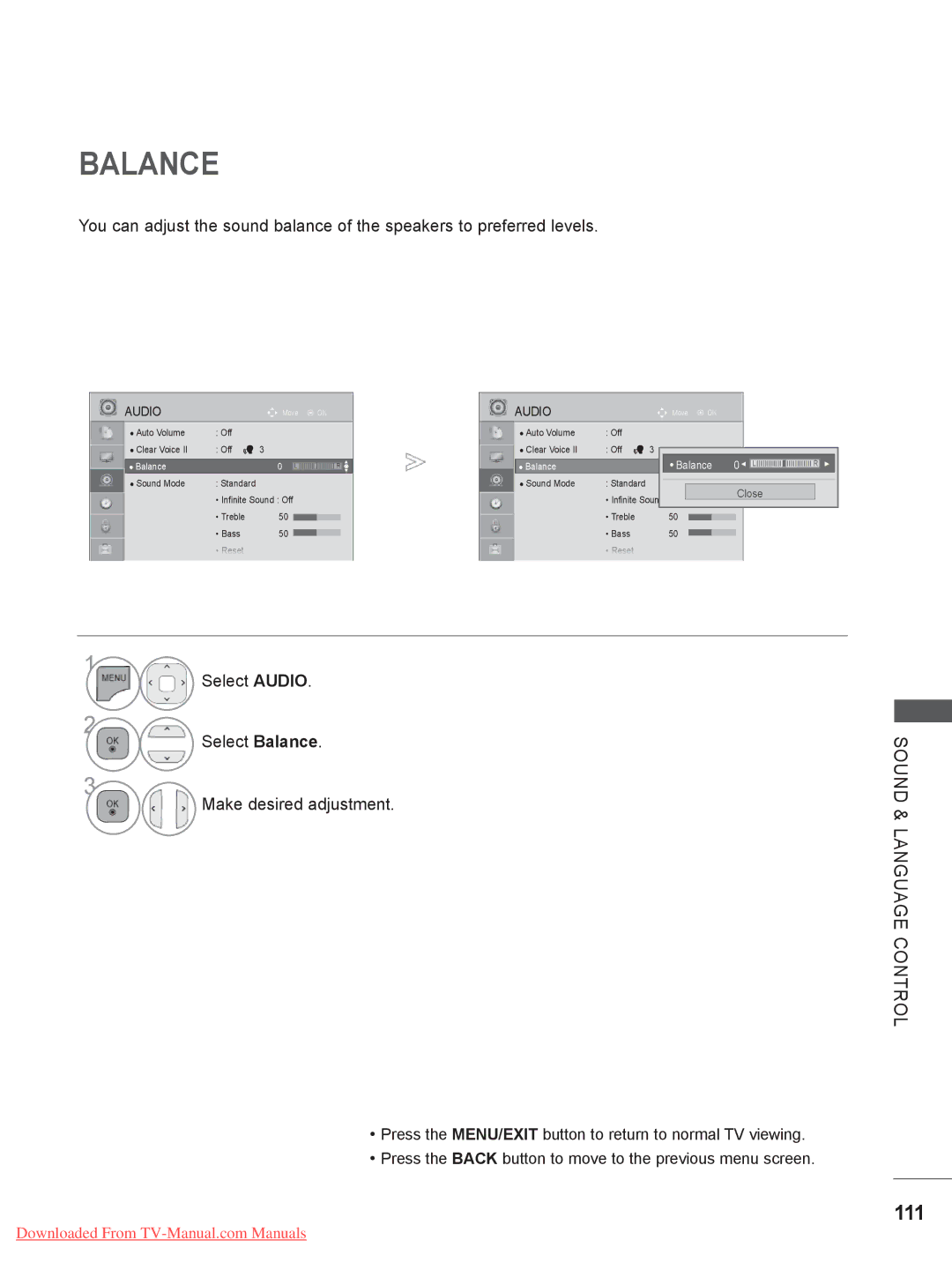 LG Electronics 19LD35, 32LD35, 22LE3, 26LE3, 22LD35, 19LE3, 32LE3 111, Select Audio Select Balance Make desired adjustment 