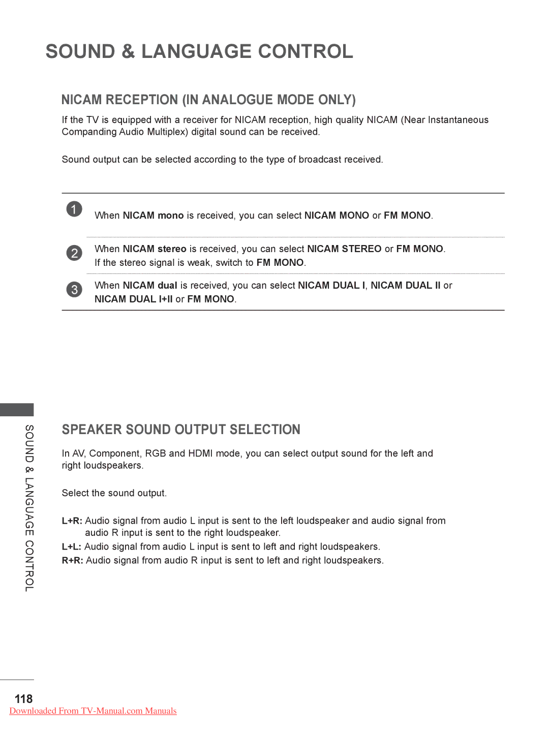 LG Electronics 26LD35, 32LD35, 22LE3, 26LE3, 22LD35, 19LE3, 32LE3, 19LD35 owner manual 118, Nicam Dual I+II or FM Mono 