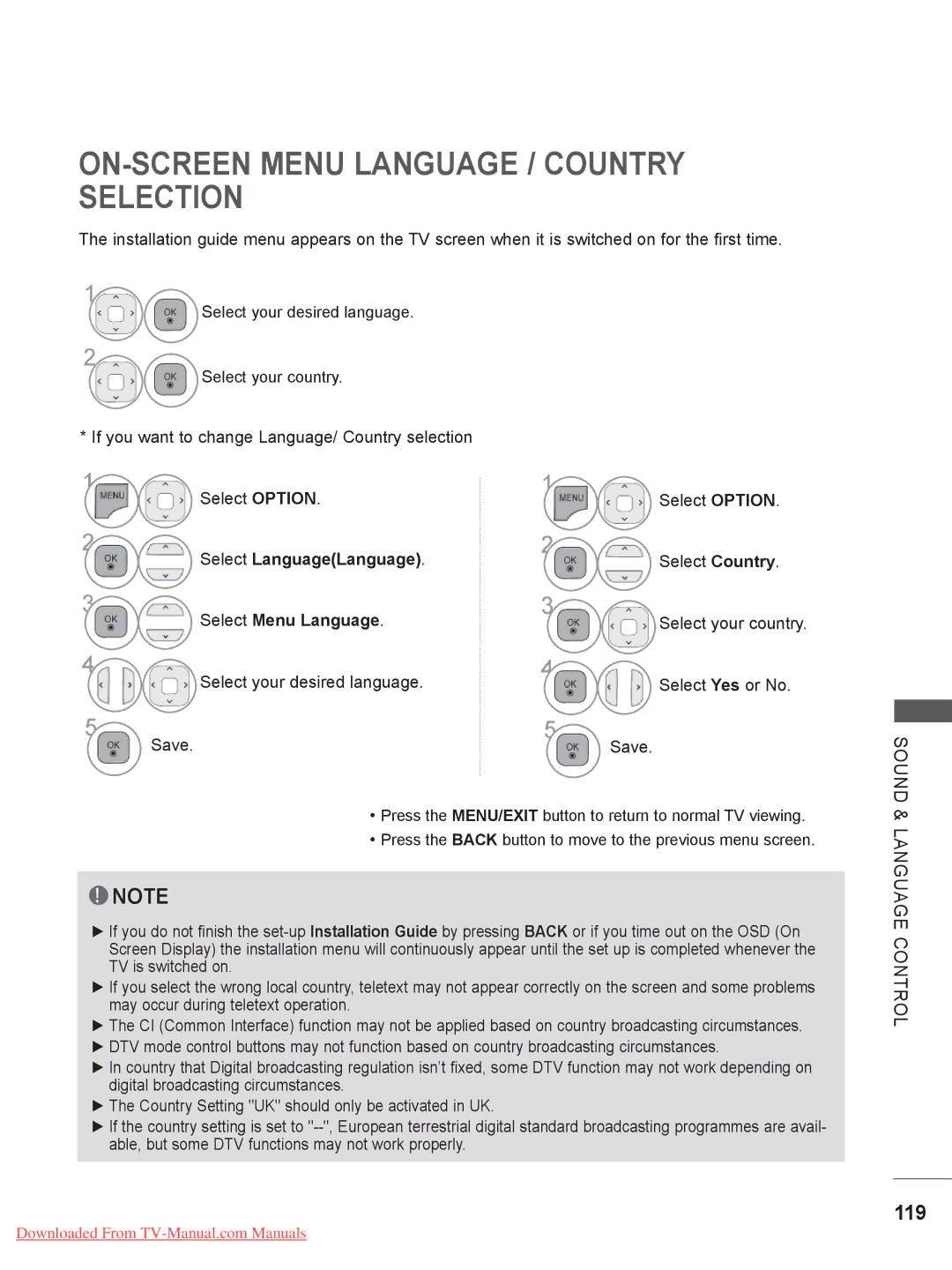 LG Electronics 19LD35 ON-SCREEN Menu Language / Country Selection, 119, Select LanguageLanguage, Select Menu Language 