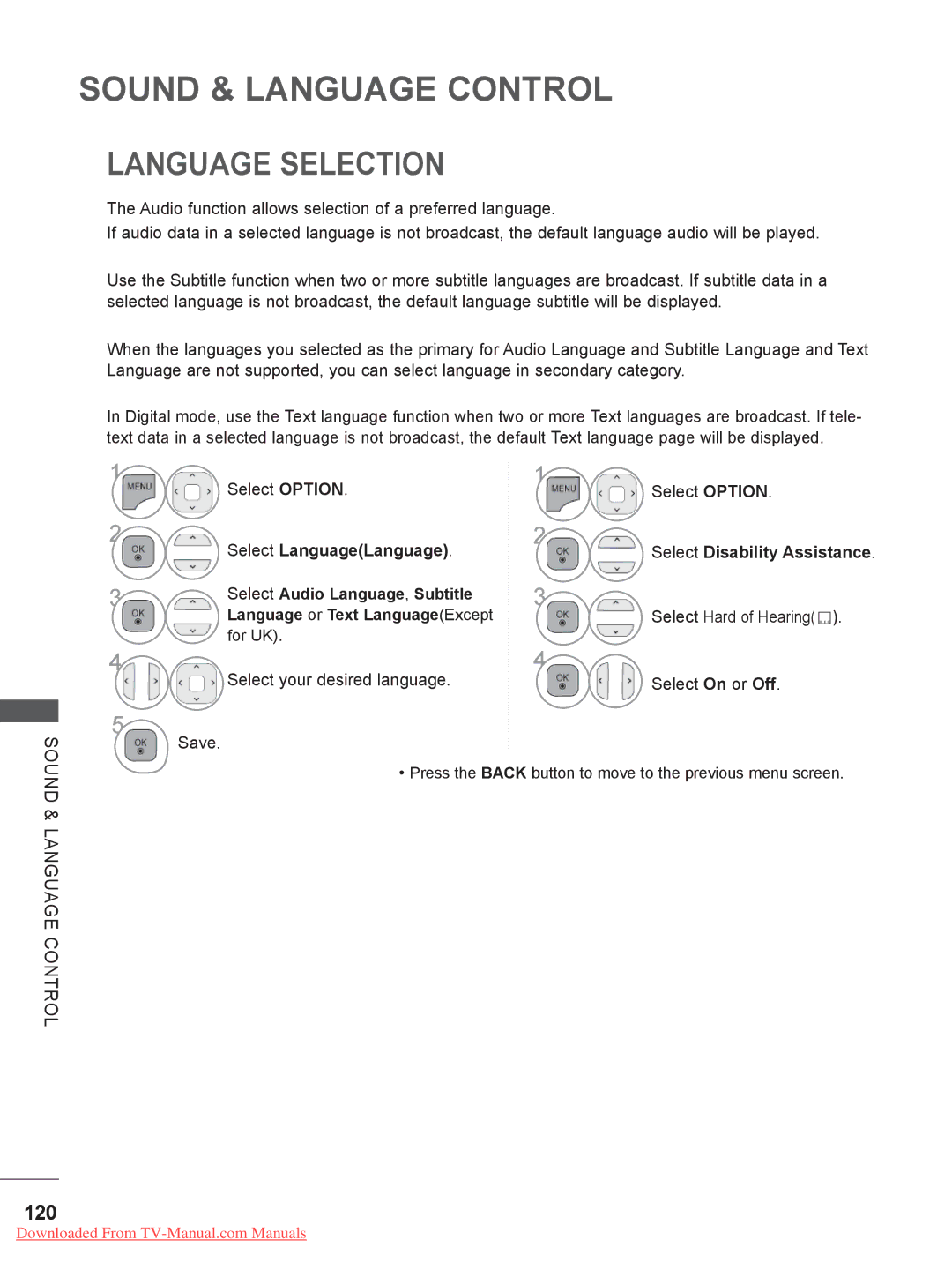 LG Electronics 32LD35, 22LE3, 26LE3, 22LD35 Language Selection, 120, Select Hard of Hearing, Select your desired language 