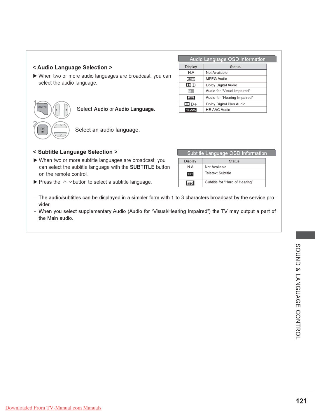 LG Electronics 22LE3, 32LD35, 26LE3 121, Audio Language Selection, Select an audio language, Subtitle Language Selection 